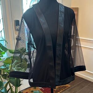 Colleen Lopez Black Sheer Mesh Open-Front Jacket with faux leather trim